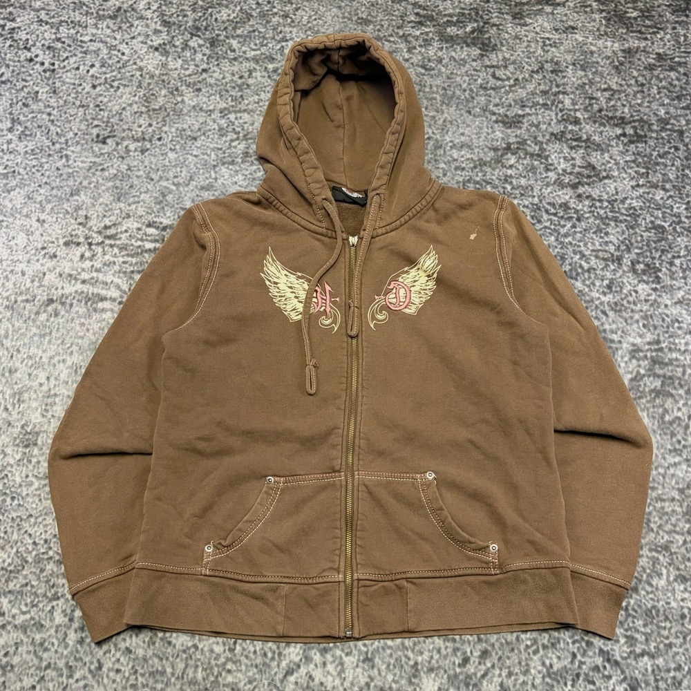 Harley Davidson Zip Up Hoodie Womens XL Brown Wings Grunge Biker Goth VTG Y2K